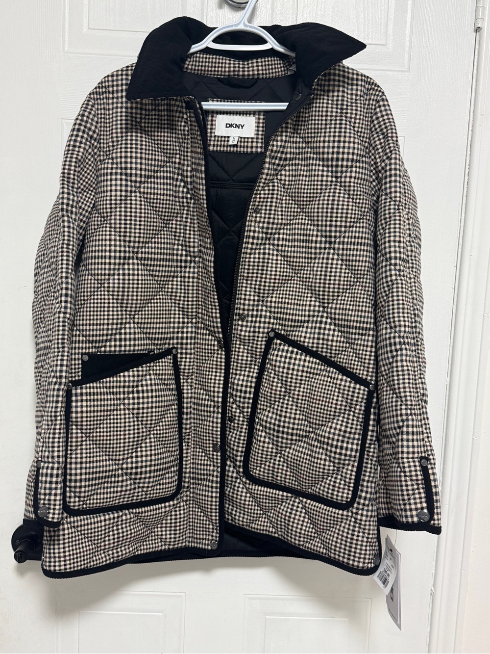 DKNY Black & Cream Quilted Houndstooth Pea Coat